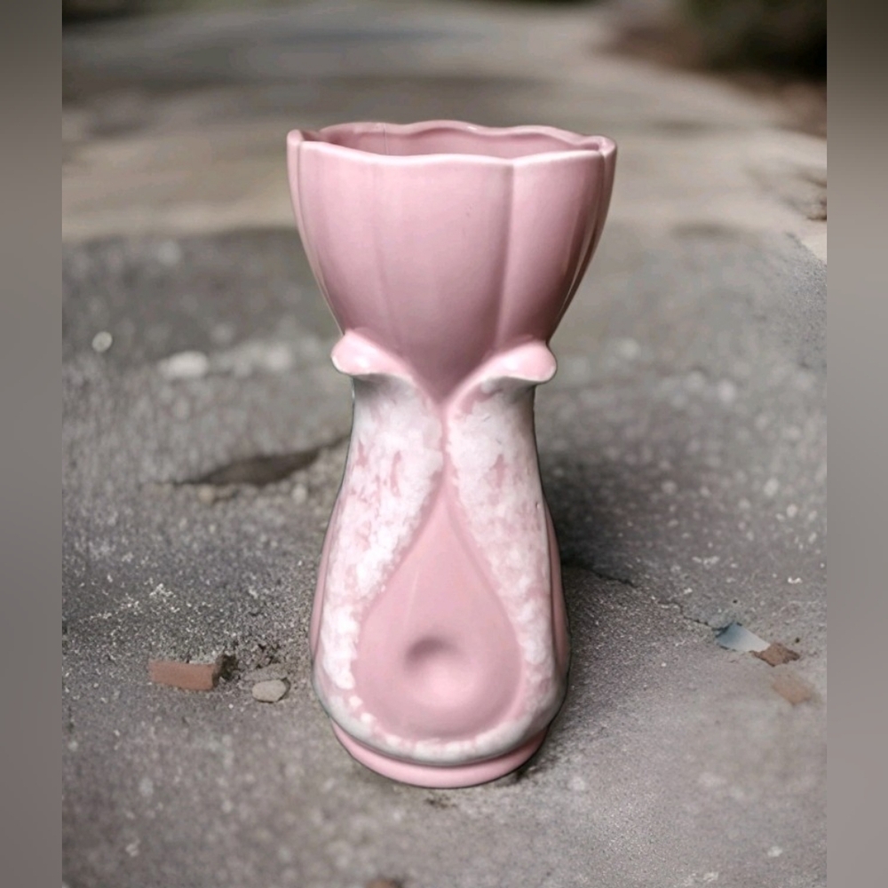 Unique Vintage Pottery Flower Vase Soft Pink With White Drip Glaze Art Deco